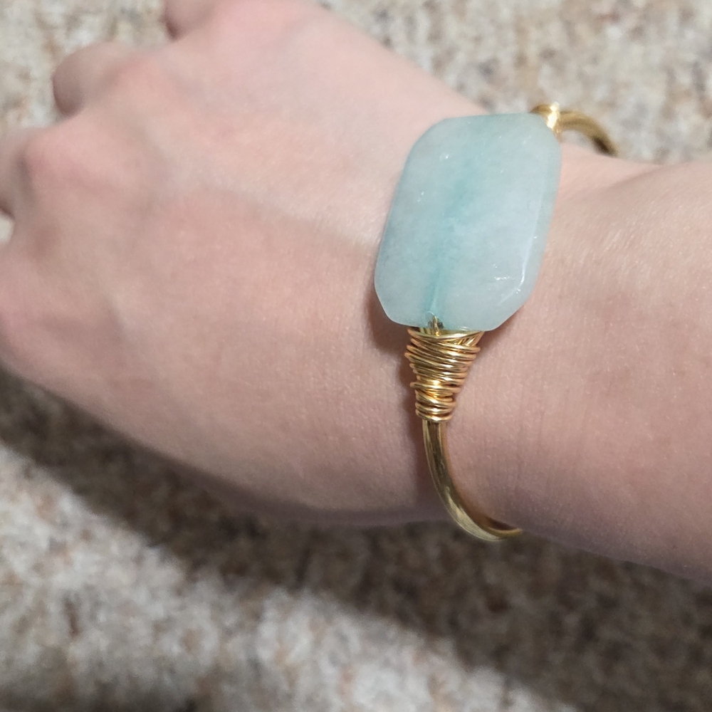 Elegant Gold and Blue Green Gemstone Cuff Bracelet - Picture 4 of 7